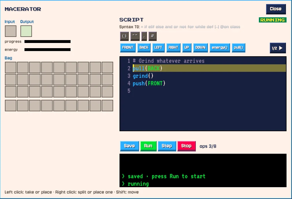 A Macerator's screen with a three-line script.