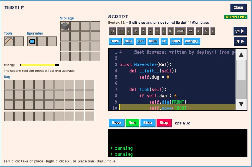A turtle's screen showing firmware: a class called Harvester built on Bot, with methods that dig and move.