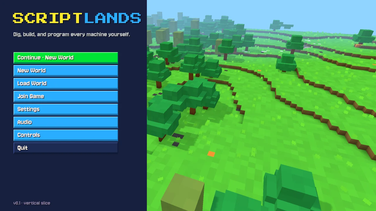 The Scriptlands title screen: the menu over a voxel landscape of trees and grass.